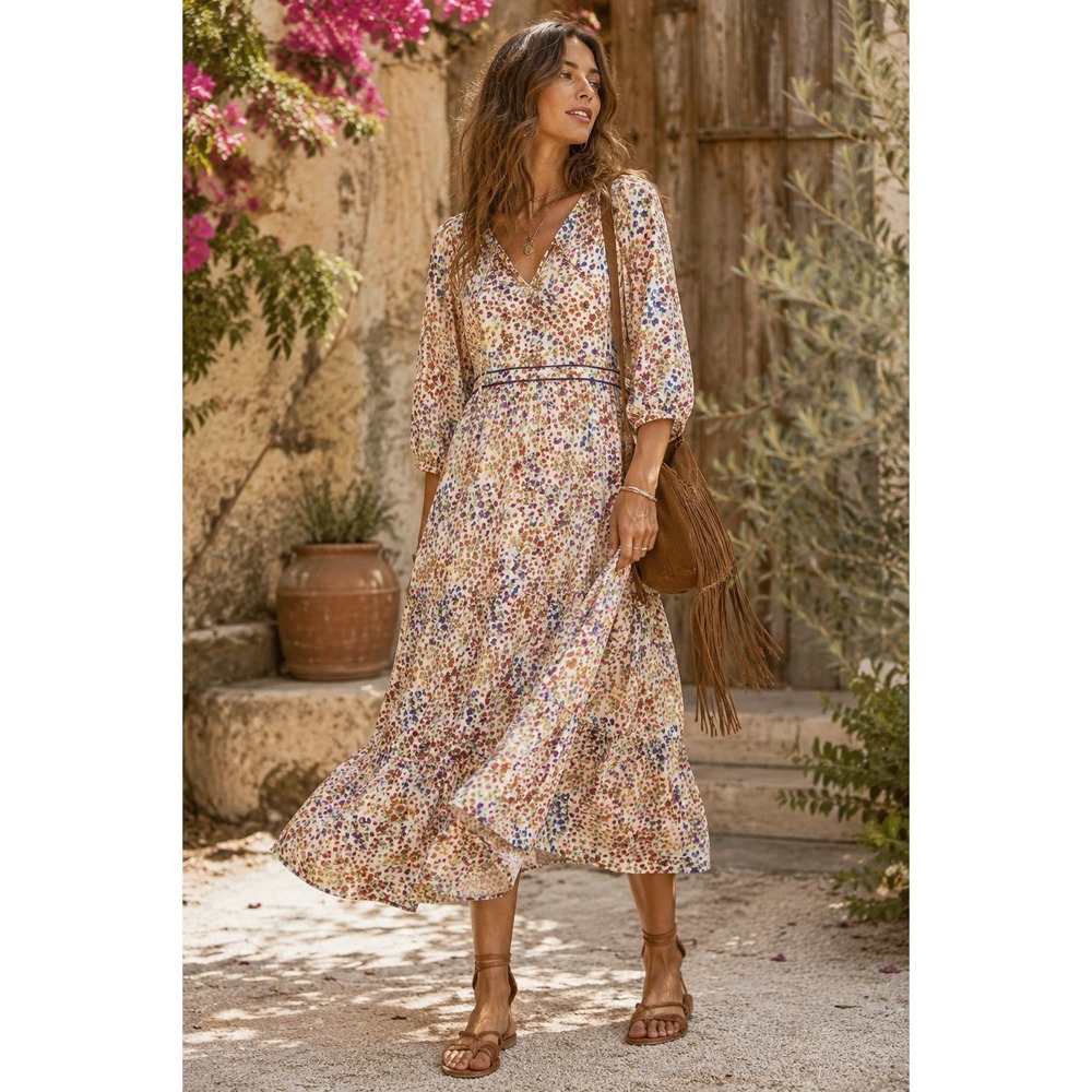 ba&sh Reese Lady Dress Blanc Floral Midi V-Neck 3/4 Sleeve Size ‎ 4